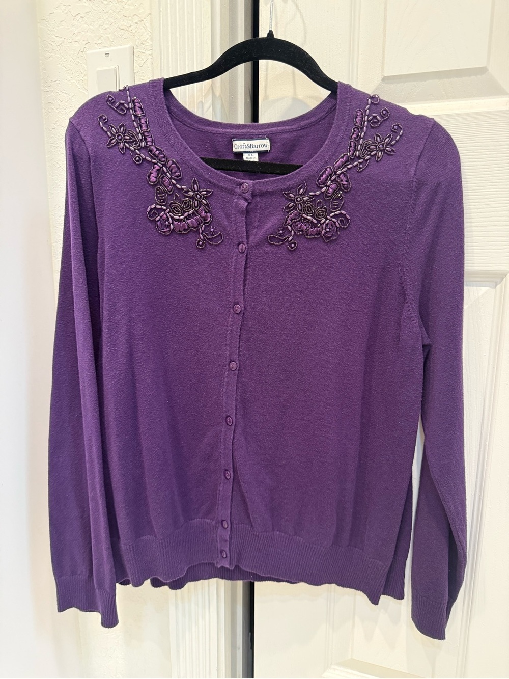 croft & barrow Purple Embellished Button-Front Cardigan